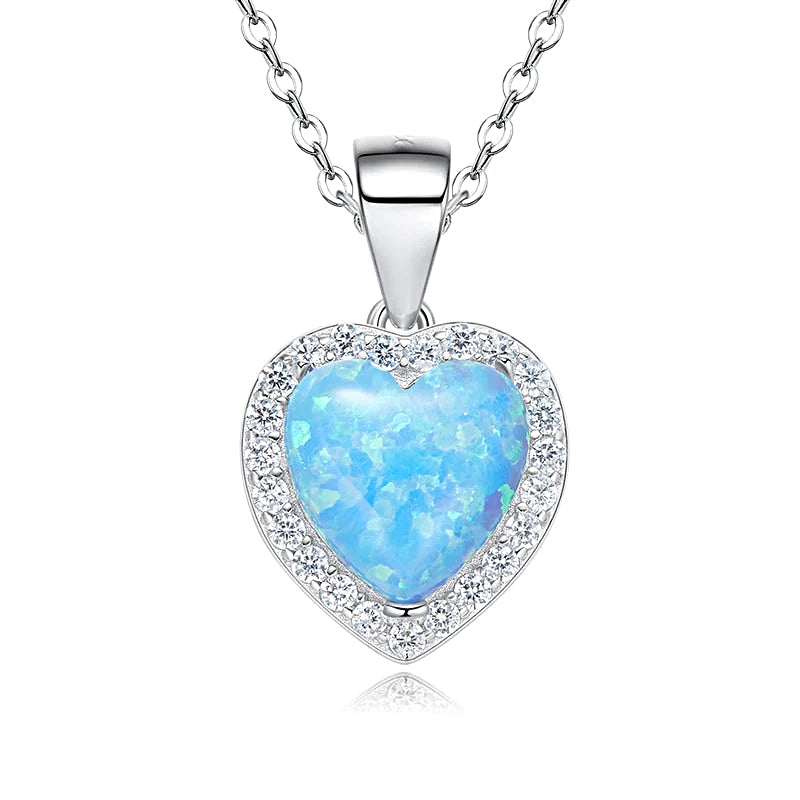 Elegant silver opal necklace for women featuring a heart-shaped pendant with sparkling accents