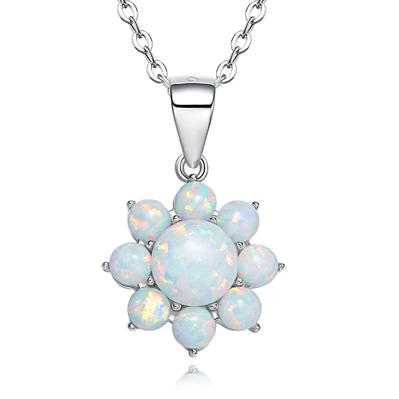 Sterling silver opal flower necklace with a stunning pendant featuring colorful opal gemstones