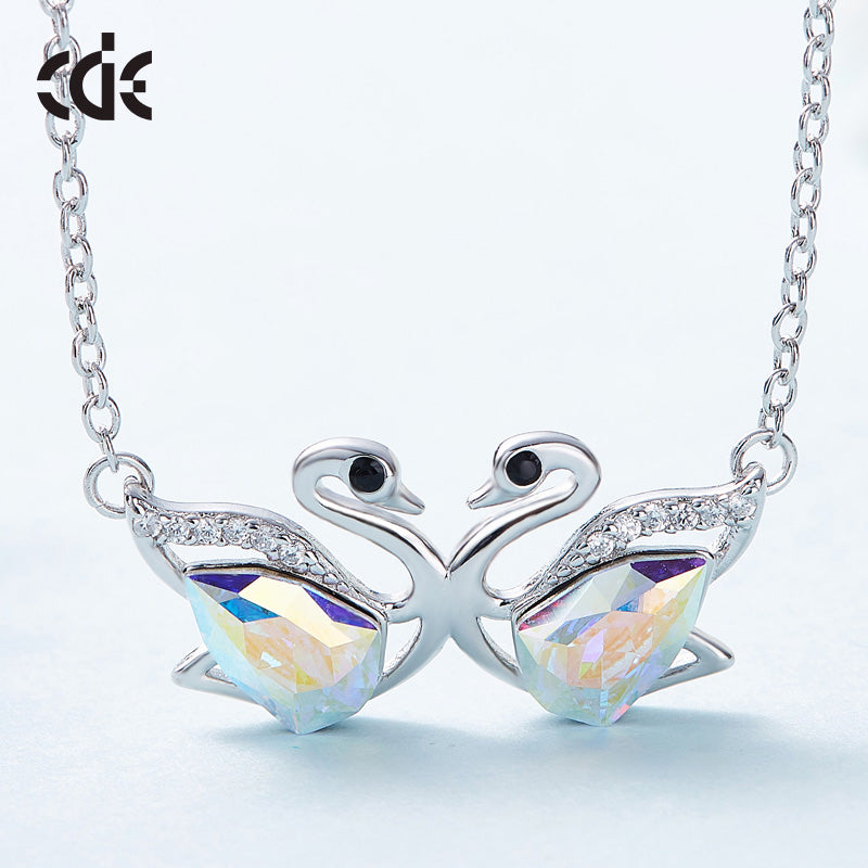 Sterling silver cute white ab swan sisters necklace -Glintzia Jewelry