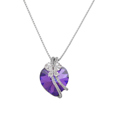 Butterfly Hanging Austrian crystal amethyst heart platinum-plated Necklace, deep amethyst variant — Glintzia