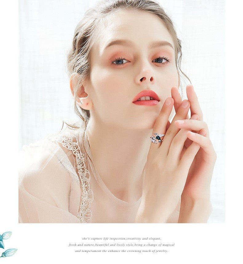 925 Sterling Silver Ring Hummingbird Swarovski Crystals Expandable Emerald Leaf Ring -Glintzia Jewelry