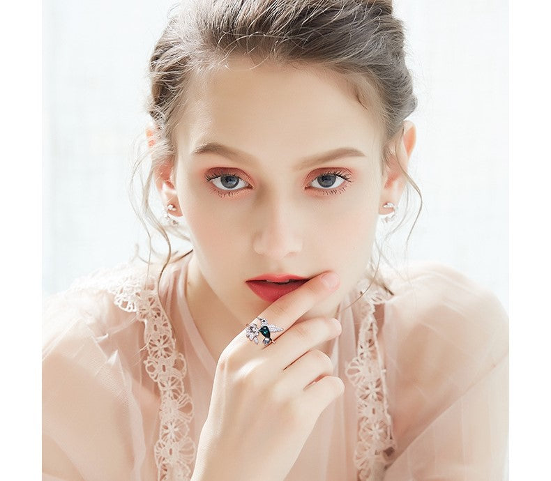 925 Sterling Silver Ring Hummingbird Swarovski Crystals Expandable Emerald Leaf Ring -Glintzia Jewelry