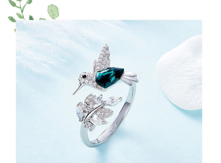 925 Sterling Silver Ring Hummingbird Swarovski Crystals Expandable Emerald Leaf Ring -Glintzia Jewelry