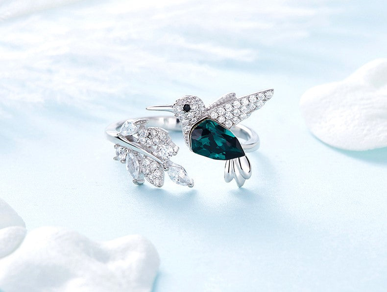 925 Sterling Silver Ring Hummingbird Swarovski Crystals Expandable Emerald Leaf Ring -Glintzia Jewelry