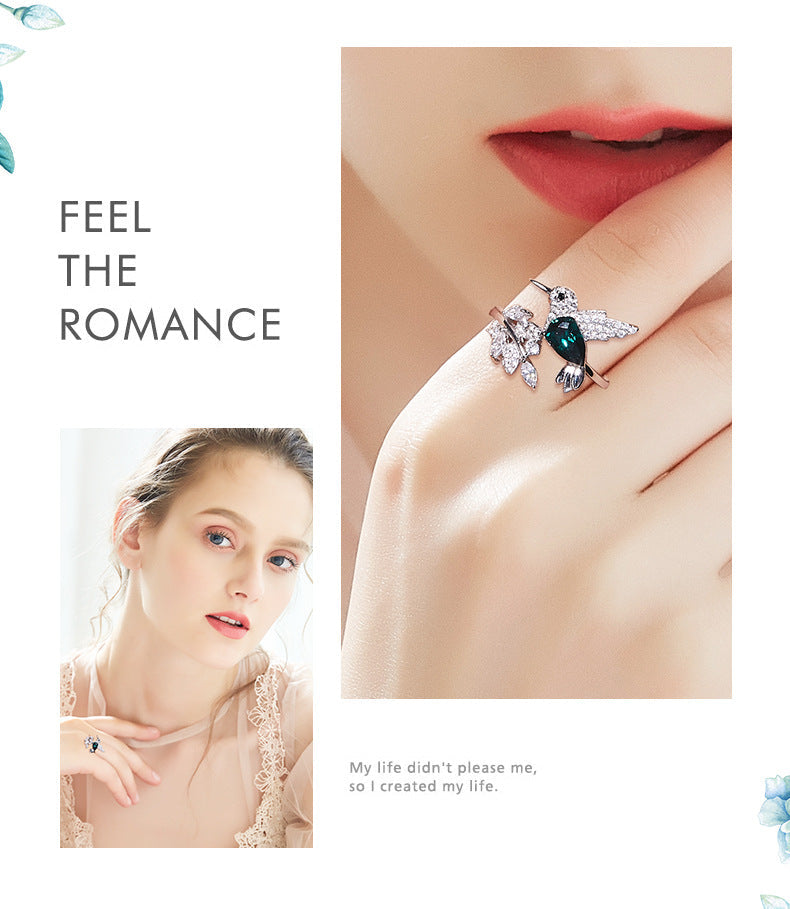 925 Sterling Silver Ring Hummingbird Swarovski Crystals Expandable Emerald Leaf Ring -Glintzia Jewelry