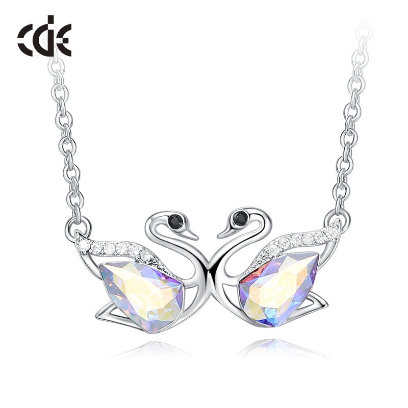 Sterling silver cute white ab swan sisters necklace -Glintzia Jewelry
