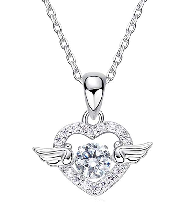 Sterling silver angel wing necklace featuring a heart design with sparkling accents and a central gemstone