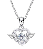 Sterling silver angel wing necklace featuring a heart design with sparkling accents and a central gemstone