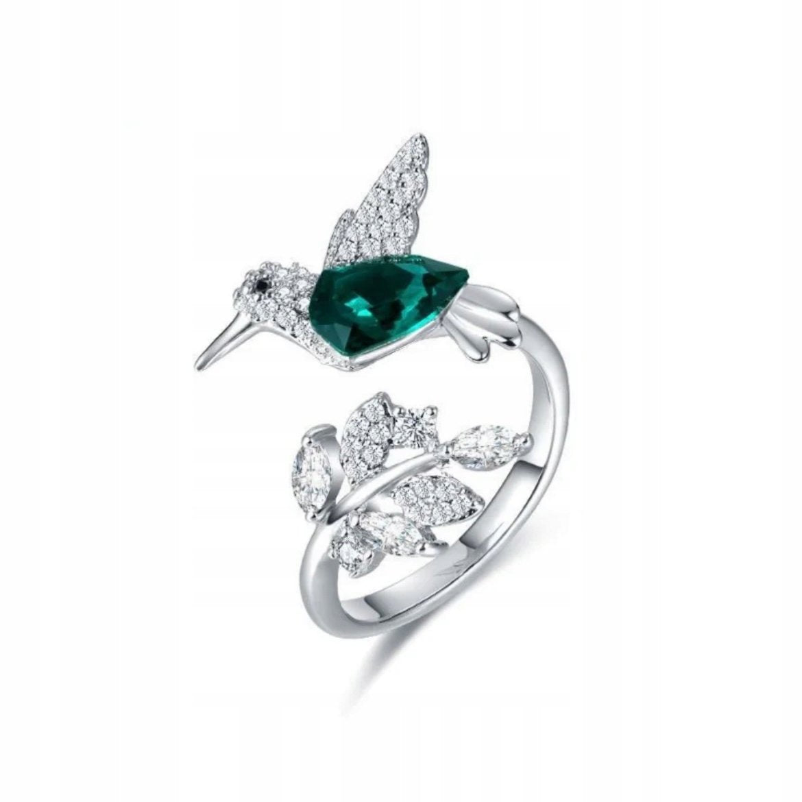  925 Sterling Silver Ring Hummingbird Swarovski Crystals Expandable Emerald Leaf Ring -Glintzia Jewelry