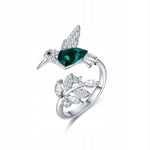  925 Sterling Silver Ring Hummingbird Swarovski Crystals Expandable Emerald Leaf Ring -Glintzia Jewelry