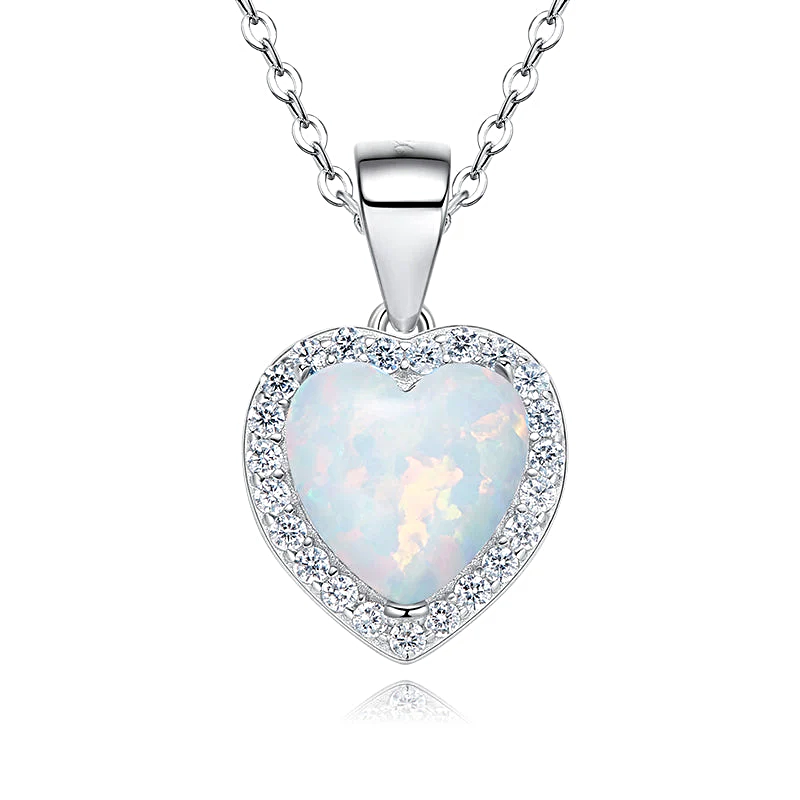 Silver opal necklace for women featuring a heart-shaped pendant with sparkling accents