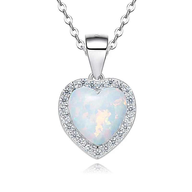 Silver opal necklace for women featuring a heart-shaped pendant with sparkling accents