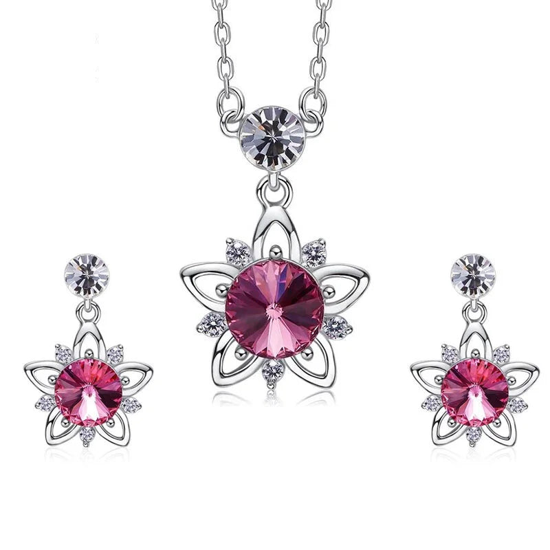 925 silver unique Swarovski crystals fuchsia flower Set -Glintzia Jewelry