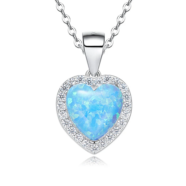 Silver lab-created opal necklace with a heart-shaped pendant and sparkling accents — Glintzia