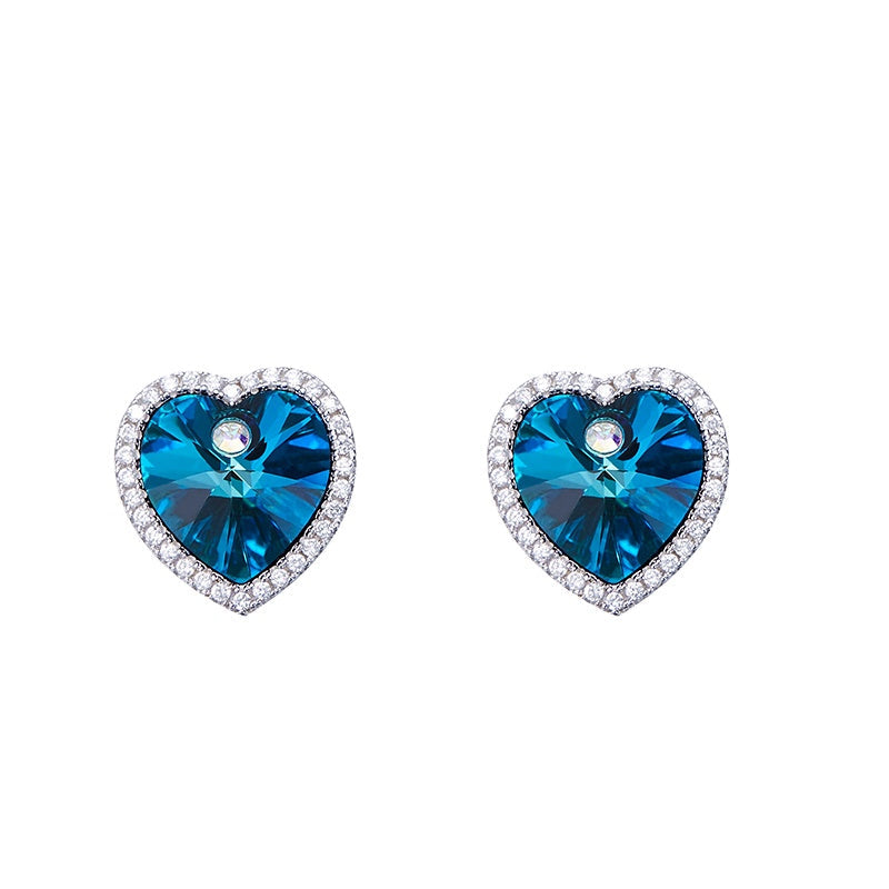 Sterling silver simple blue topaz crystal heart earring -Glintzia Jewelry
