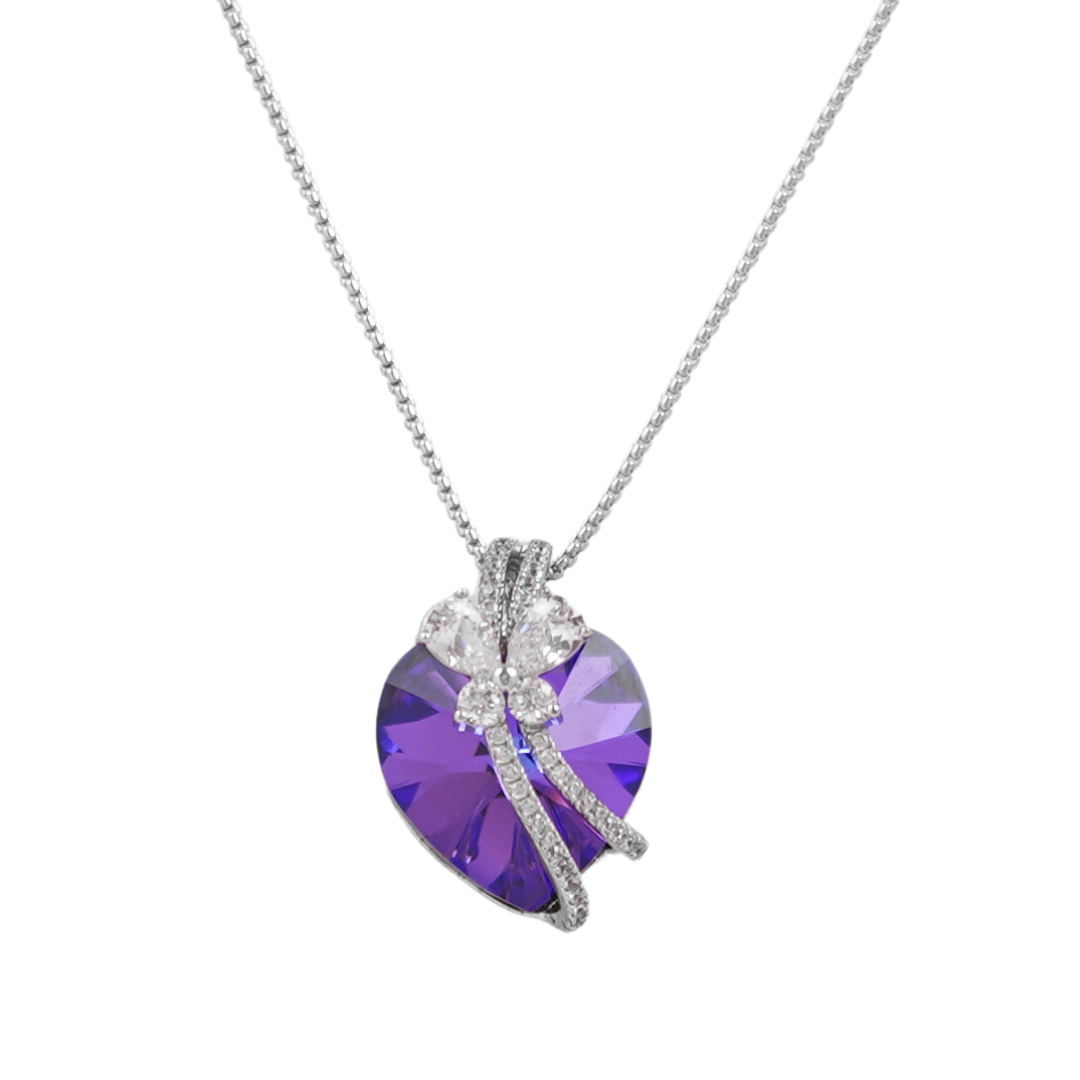 Butterfly Hanging Swarovski crystal amethyst heart Platinum plated Necklace - DEEP AMETHYST - NECKLACES