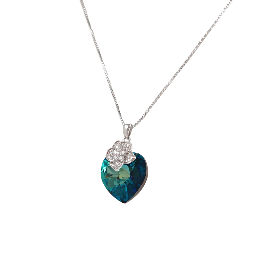 The Flower on Sapphire Swarovski crystal Heart platinum plated necklace - SAPPHIRE - NECKLACES