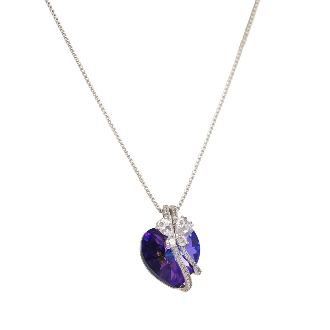 Butterfly Hanging Swarovski crystal amethyst heart Platinum plated Necklace - NECKLACES