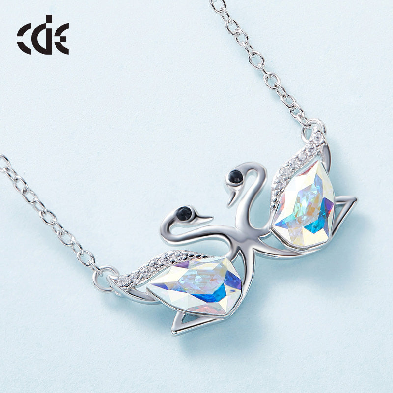 Sterling silver cute white ab swan sisters necklace -Glintzia Jewelry