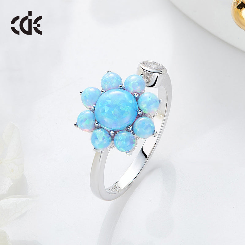 Sterling silver cute blue opal flower ring -Glintzia Jewelry