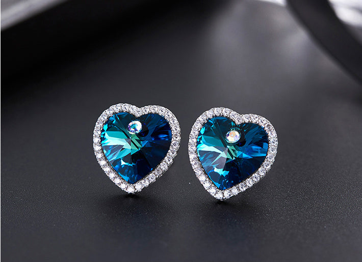 Sterling silver simple blue topaz crystal heart earring -Glintzia Jewelry