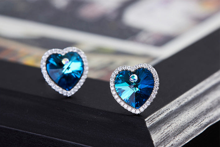 Sterling silver simple blue topaz crystal heart earring -Glintzia Jewelry