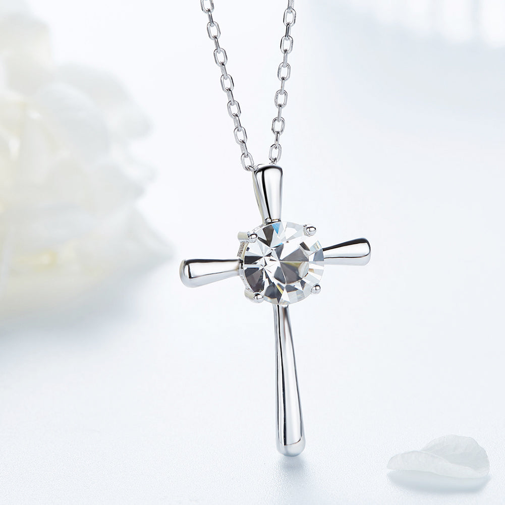 Sterling silver cross with a crystal heart necklace -Glintzia Jewelry