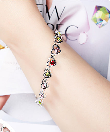 Sterling silver colorful aligned hearts bracelet -Glintzia Jewelry