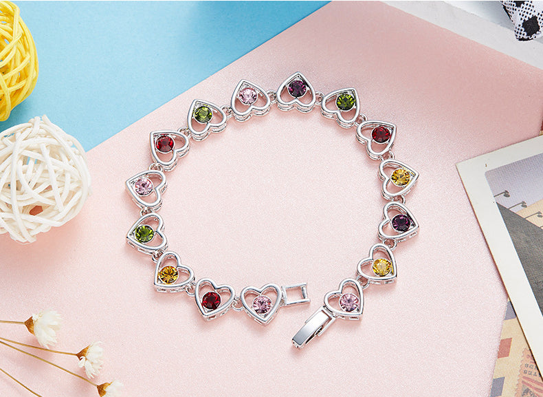 Sterling silver colorful aligned hearts bracelet -Glintzia Jewelry