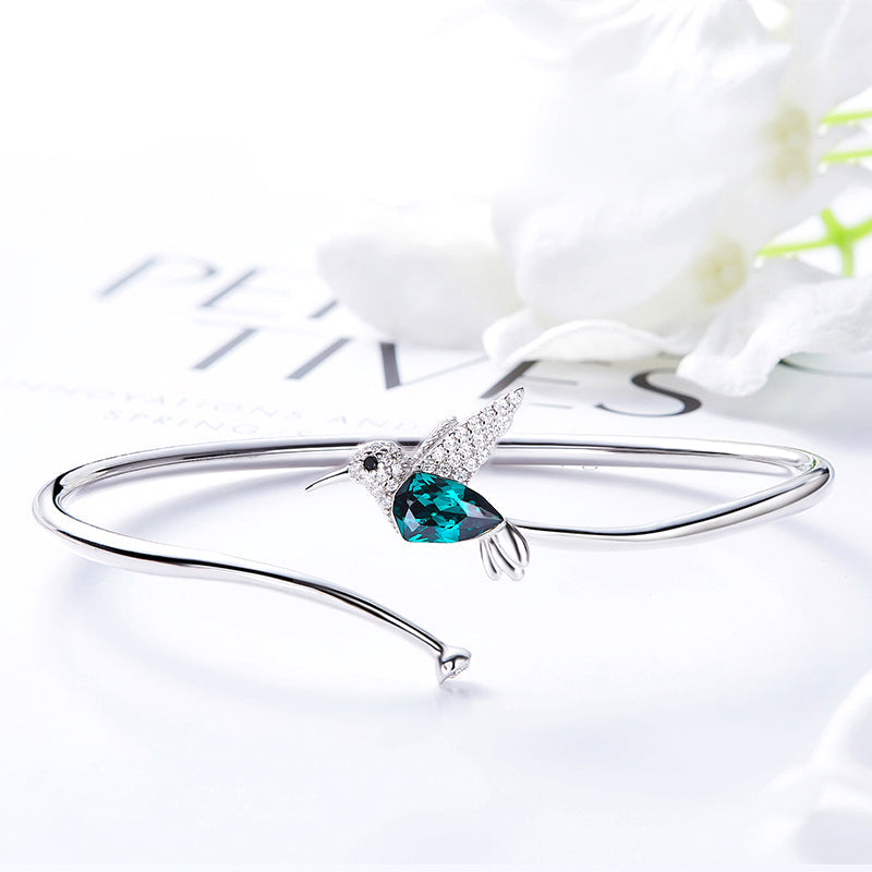 Sterling silver simple Emerald hummingbird bangle -Glintzia Jewelry