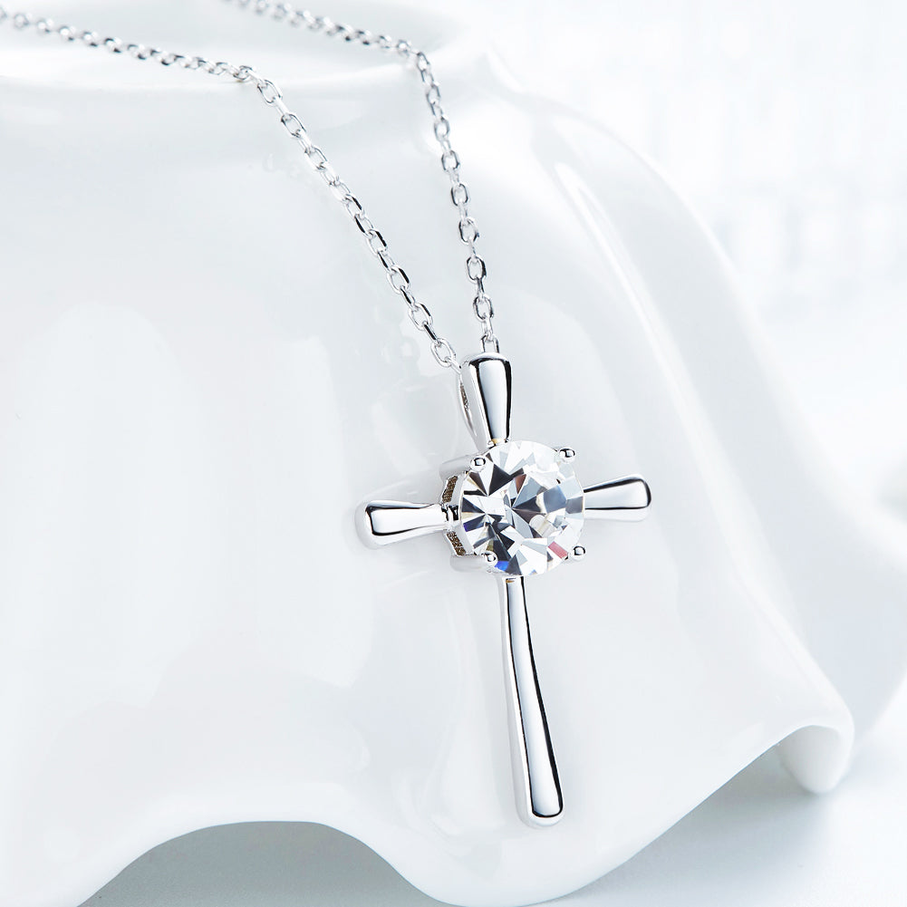 Sterling silver cross with a crystal heart necklace -Glintzia Jewelry