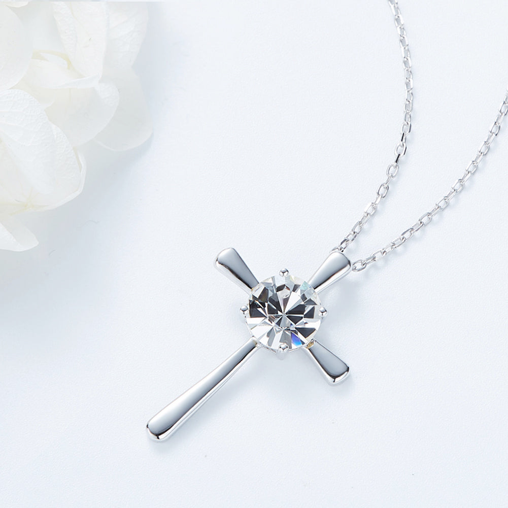 Sterling silver cross with a crystal heart necklace -Glintzia Jewelry