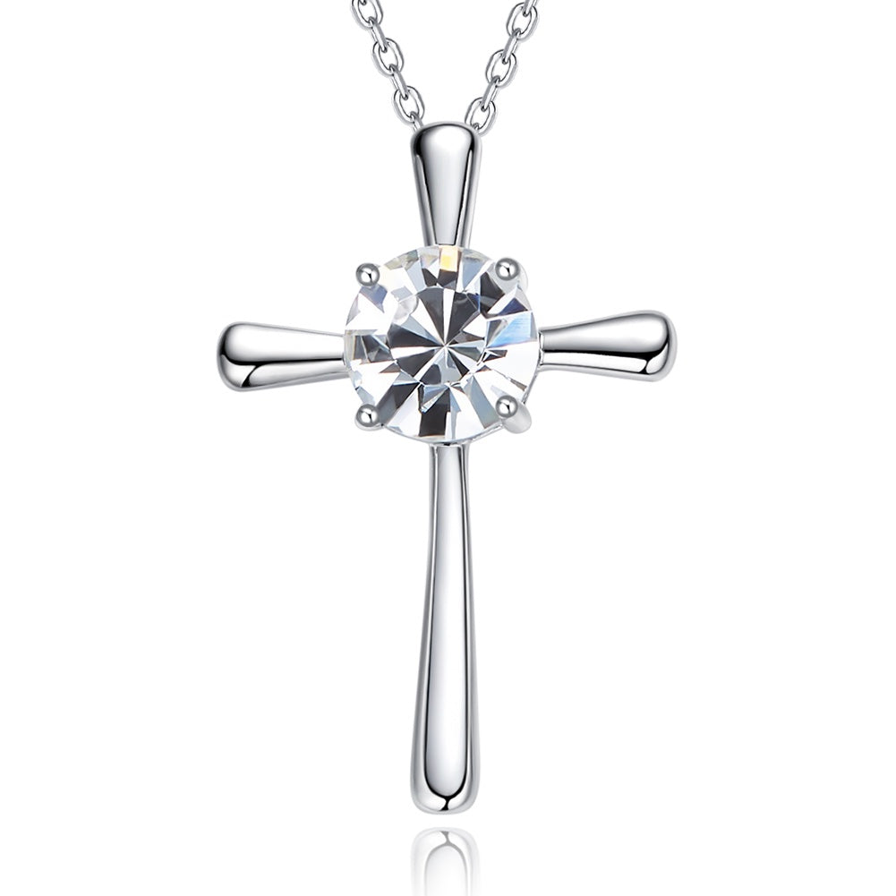 Sterling silver cross with a crystal heart necklace -Glintzia Jewelry