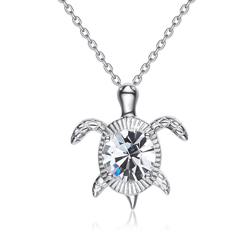 Sterling silver swimming white crystal turtle necklace -Glintzia Jewelry