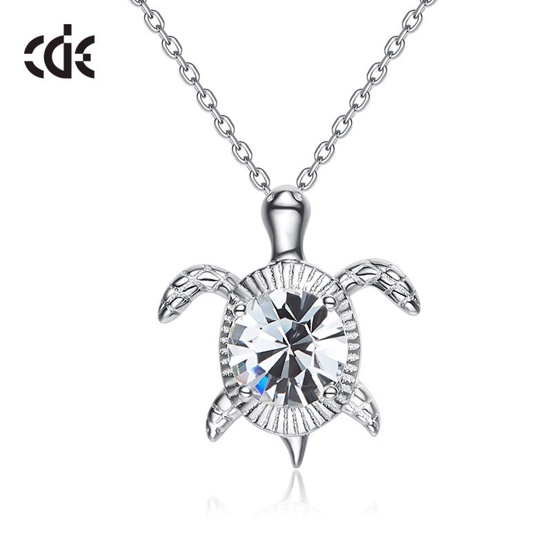 Sterling silver swimming white crystal turtle necklace -Glintzia Jewelry