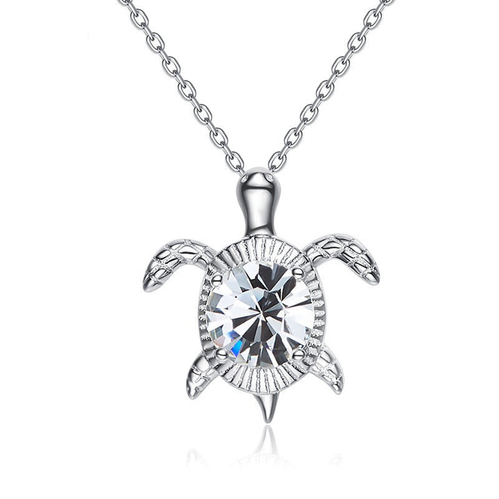 Sterling silver swimming white crystal turtle necklace -Glintzia Jewelry