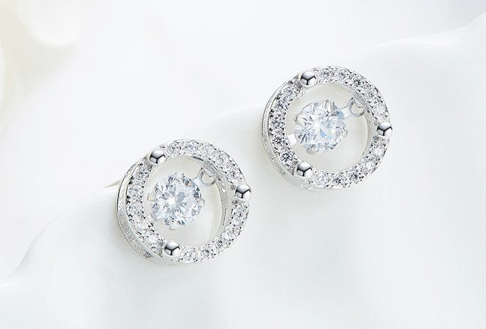 Sterling silver shiny circular dancing crystal earring -Glintzia Jewelry