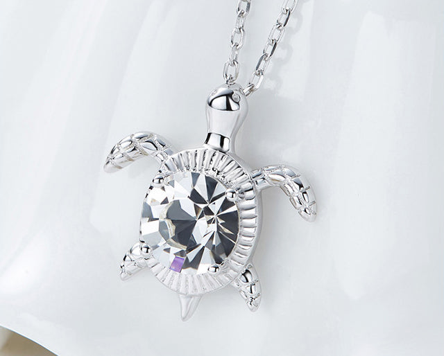 Sterling silver swimming white crystal turtle necklace -Glintzia Jewelry