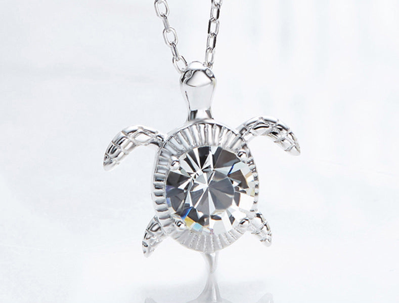 Sterling silver swimming white crystal turtle necklace -Glintzia Jewelry