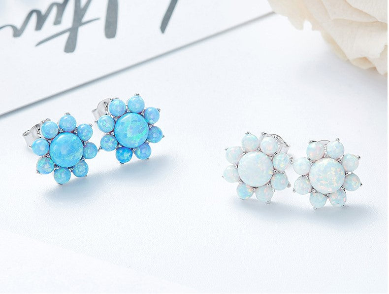 Sterling silver blue opal flower earring -Glintzia Jewelry