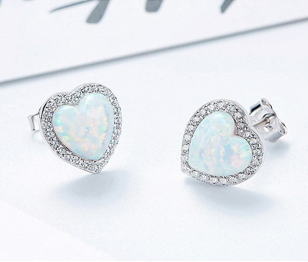 Sterling silver opal heart earring -Glintzia Jewelry