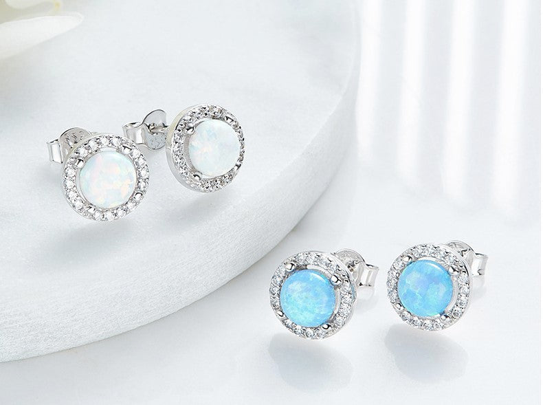 Sterling silver elegant blue opal circular earring -Glintzia Jewelry