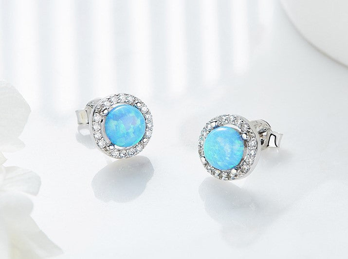 Sterling silver elegant blue opal circular earring -Glintzia Jewelry