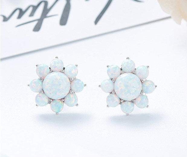 Sterling silver blue opal flower earring -Glintzia Jewelry