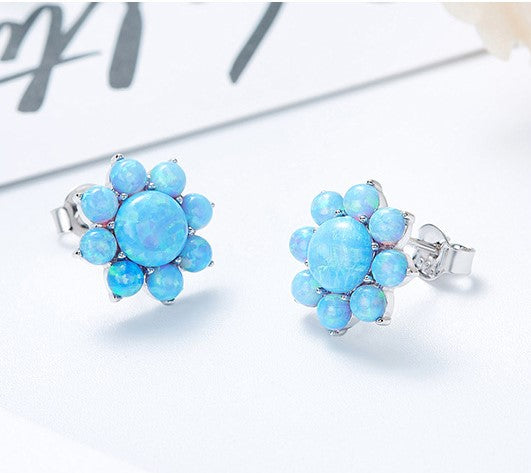 Sterling silver blue opal flower earring -Glintzia Jewelry