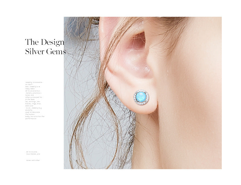 Sterling silver elegant blue opal circular earring -Glintzia Jewelry