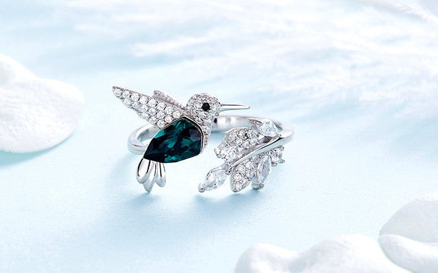  925 Sterling Silver Ring Hummingbird Swarovski Crystals Expandable Emerald Leaf Ring -Glintzia Jewelry