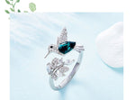  925 Sterling Silver Ring Hummingbird Swarovski Crystals Expandable Emerald Leaf Ring -Glintzia Jewelry