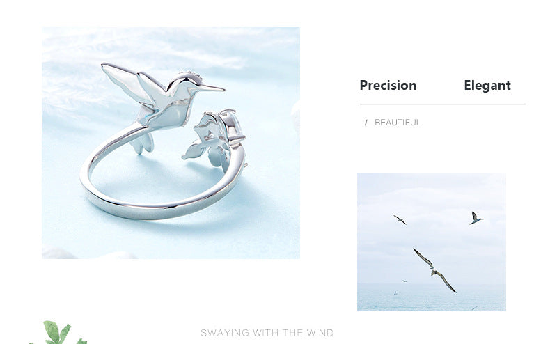  925 Sterling Silver Ring Hummingbird Swarovski Crystals Expandable Emerald Leaf Ring -Glintzia Jewelry