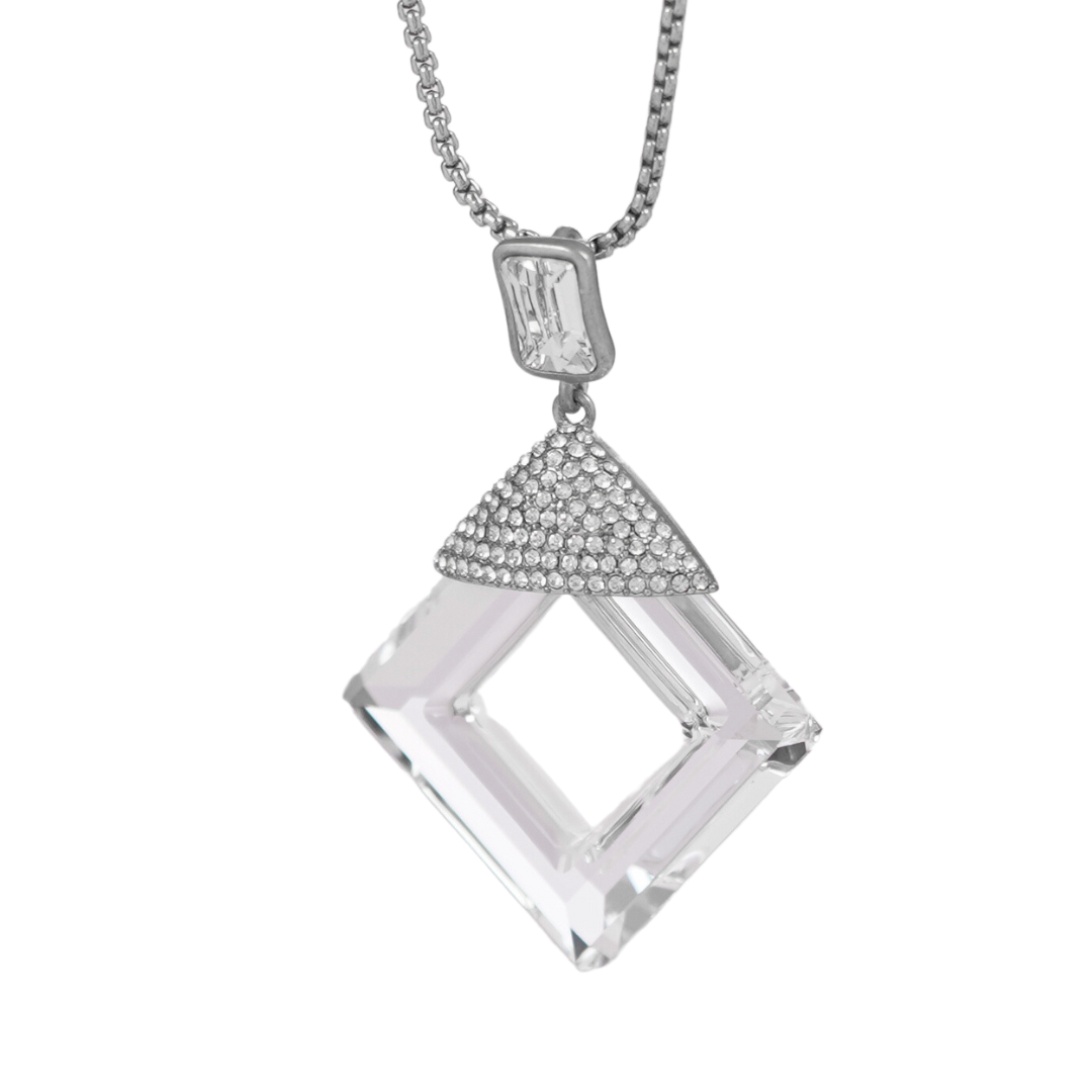 The lady queen Unique Swarovski clear square Frame crystal sweater chain necklace - NECKLACES